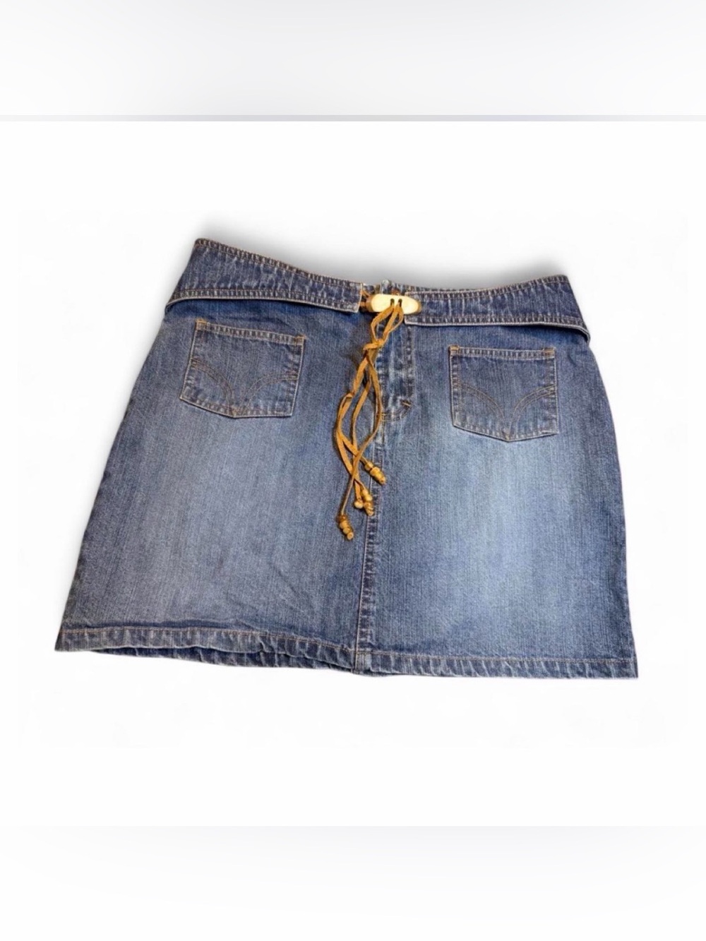 Route 66 Medium Blue Denim Mini Skirt with Tan Lace-Up Tie